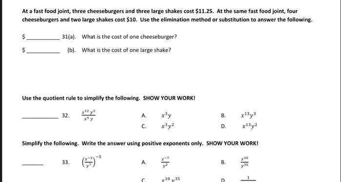 Solved At a fast food joint, three cheeseburgers and three | Chegg.com