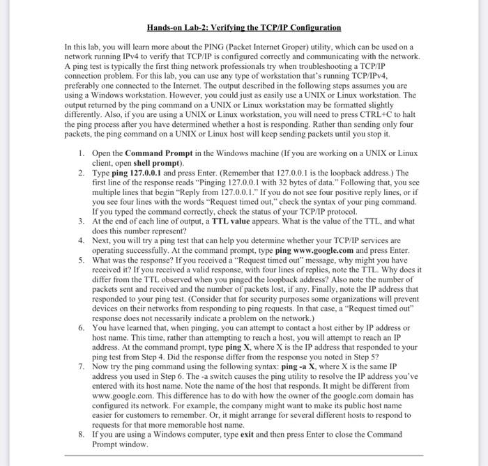 Solved Hands-on Lab-2: Verifving the TCP/IP Configuration In | Chegg.com