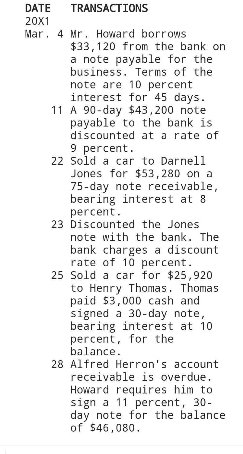 Solved DATE TRANSACTIONS 20X1 Mar. 4. Mr. Howard borrows | Chegg.com