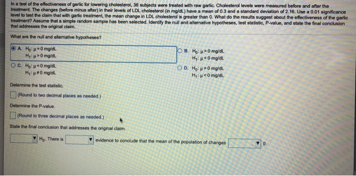 Solved In A Test Of The Effectiveness Of Garlic For Lower Chegg Com