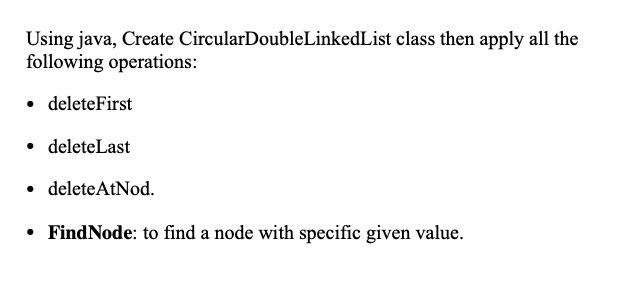 Solved Using java, Create CircularDoubleLinkedList class | Chegg.com