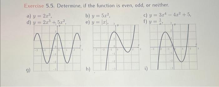 Exercise 5.5. Determine, if the function is even, odd, or neither. a) \( y=2 x^{3} \), b) \( y=5 x^{2} \), c) \( y=3 x^{4}-4