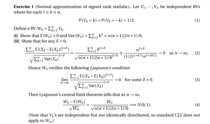 Solved Exercise 1 (Normal approximation of signed rank | Chegg.com