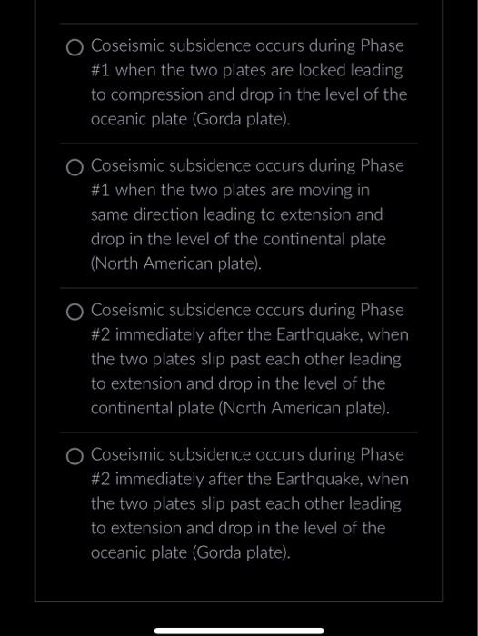 Coseismic subsidence occurs during Phase \#1 when the two plates are locked leading to compression and drop in the level of t