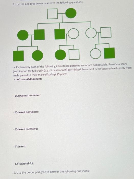 Solved 1. Use the pedigree below to answer the following | Chegg.com