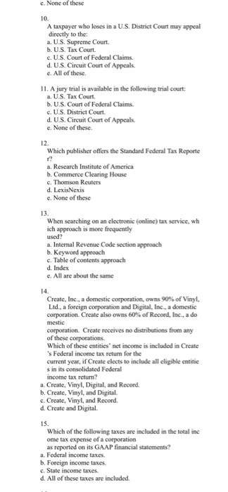 Solved E None Of These 10 A Taxpayer Who Loses In A U S Chegg Com