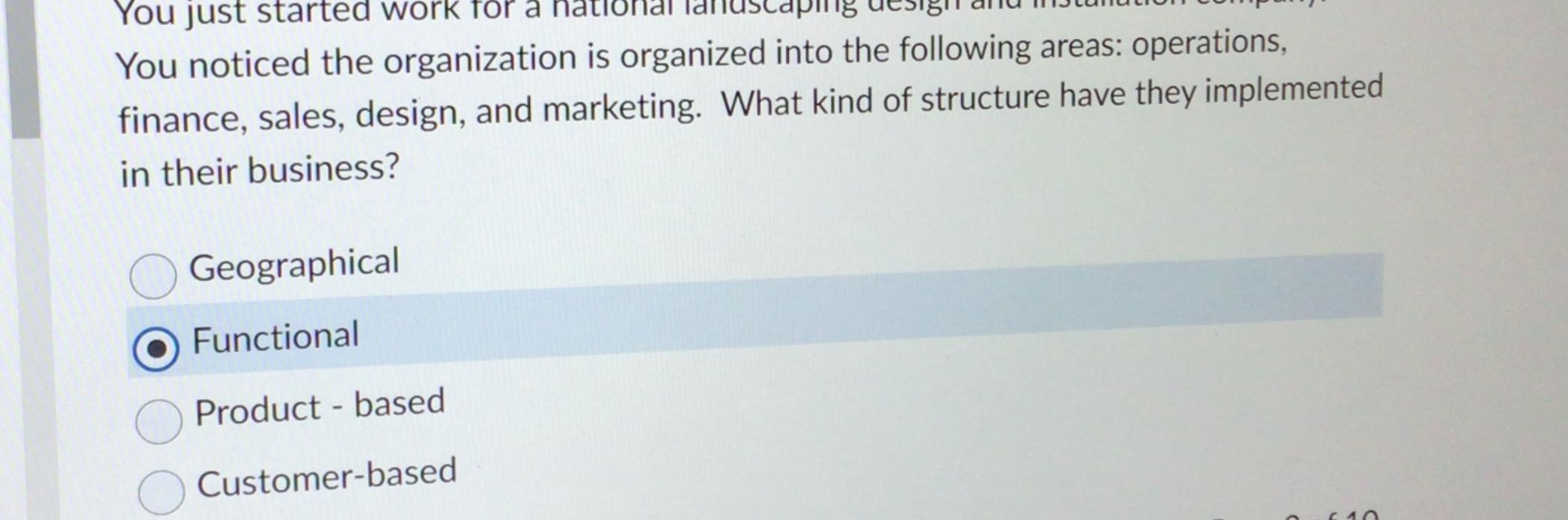 Solved You noticed the organization is organized into the | Chegg.com