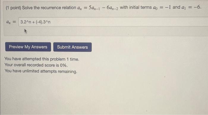 Solved (1 point) Solve the recurrence relation | Chegg.com