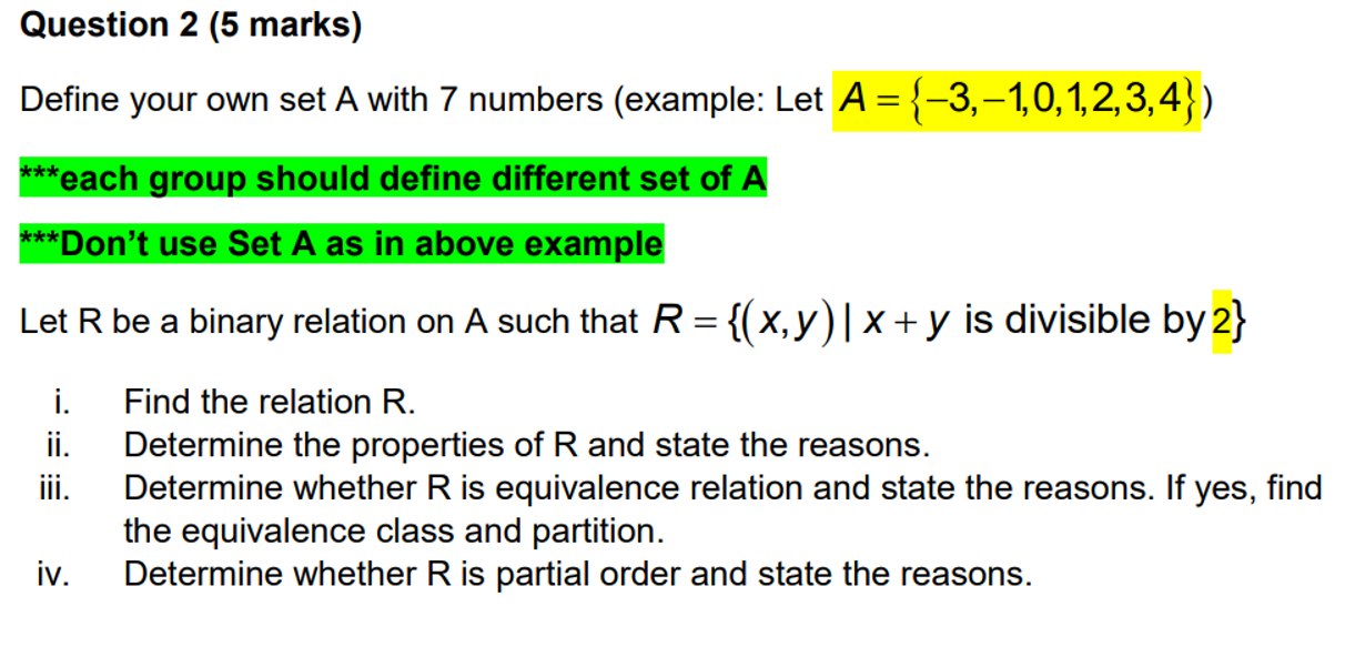 Solved Question 2 (5 ﻿marks)Define your own set A with 7 | Chegg.com