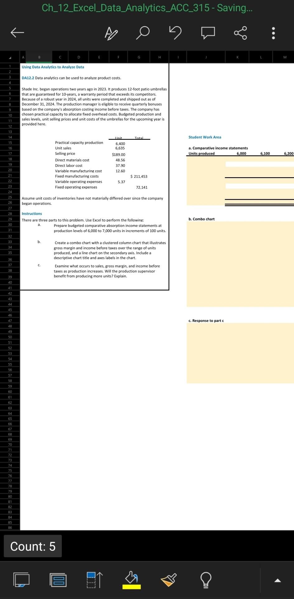 Solved Ch_12_Excel_Data_Analytics_ACC_315 - Saving... A B C | Chegg.com