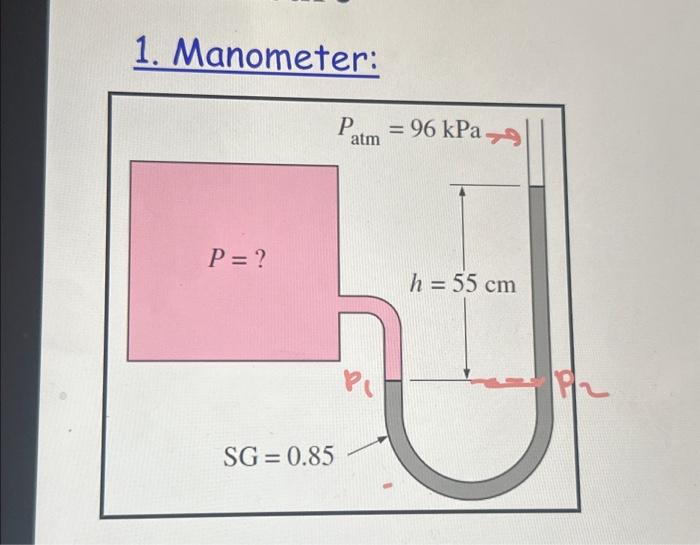 Solved 1. Manometer: P = ? SG=0.85 Patm = 96 kPa PU h = 55 c | Chegg.com