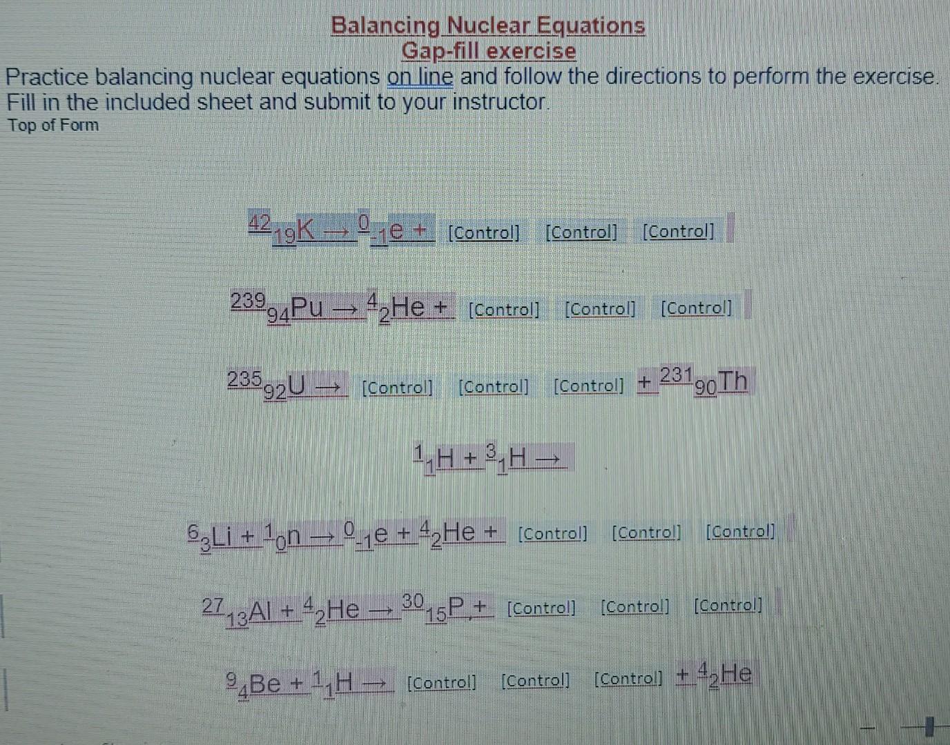 Solved Balancing Nuclear Equations Gap-fill Exercise | Chegg.com