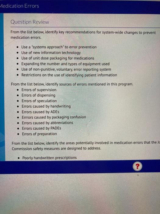 Solved Medication Errors Question Review From the list