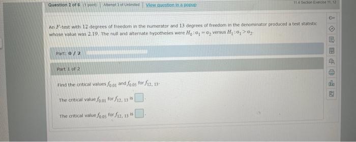 Solved An F test with 12 degrees of freedom in the numerator | Chegg.com