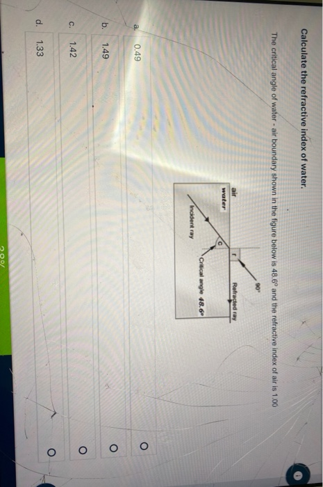 Solved Calculate the refractive index of water. The critical | Chegg.com