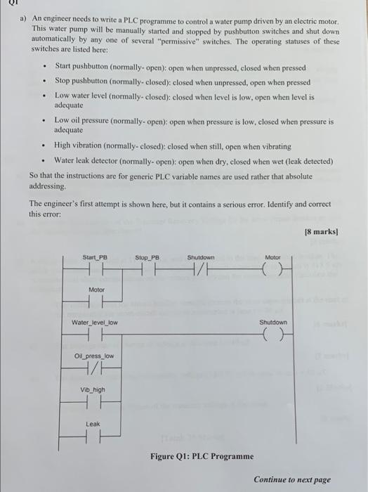 Solved a) An engineer needs to write a PLC programme to | Chegg.com