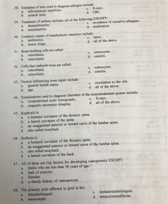 Solved 38. Examples of tests used to diagnose allergies