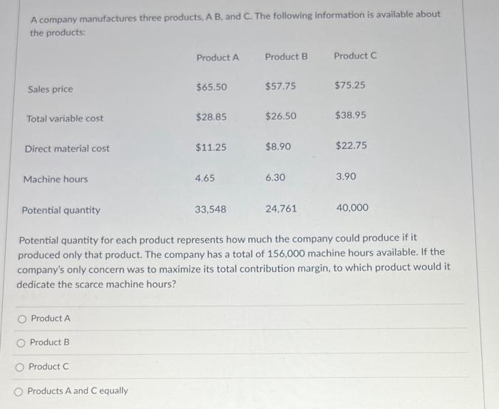 Solved A Company Manufactures Three Products, B, And C. The | Chegg.com