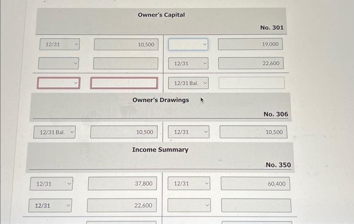 Solved Owner's Capital Owner's Drawings No. 306 12/31Bal | Chegg.com