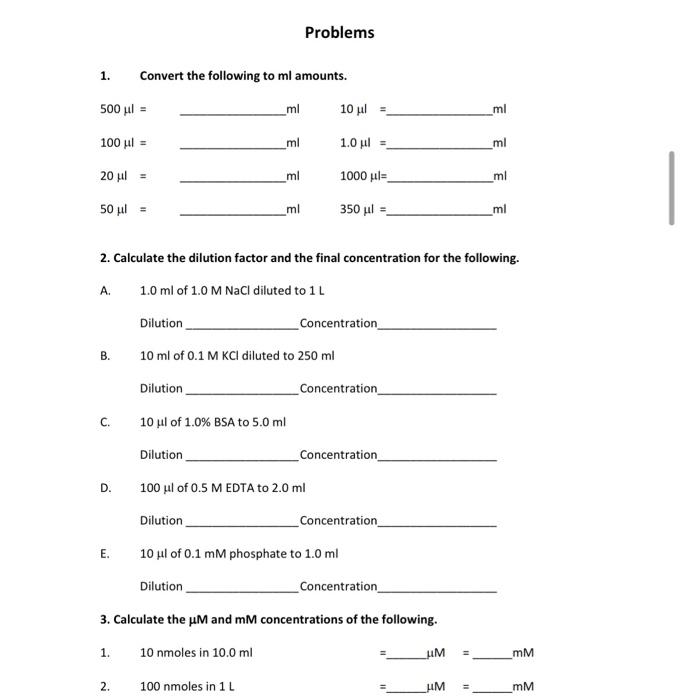 Solved 1. Convert the following to ml amounts. 500μl= ml | Chegg.com