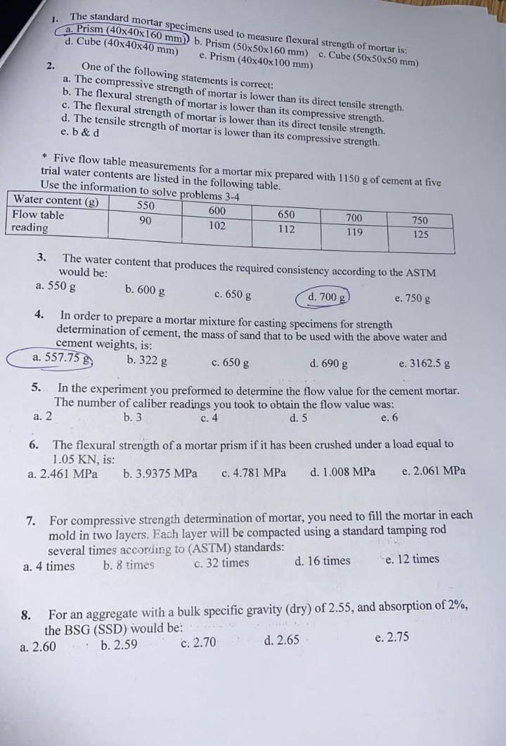 Solved 1. The standard mortar specimens used to measure | Chegg.com