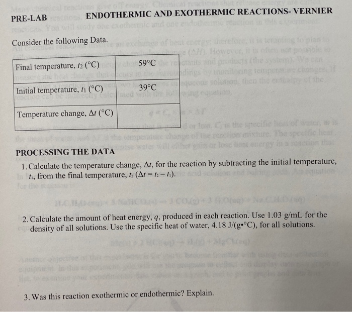 Solved PRE-LAB ENDOTHERMIC AND EXOTHERMIC REACTIONS- VERNIER | Chegg.com