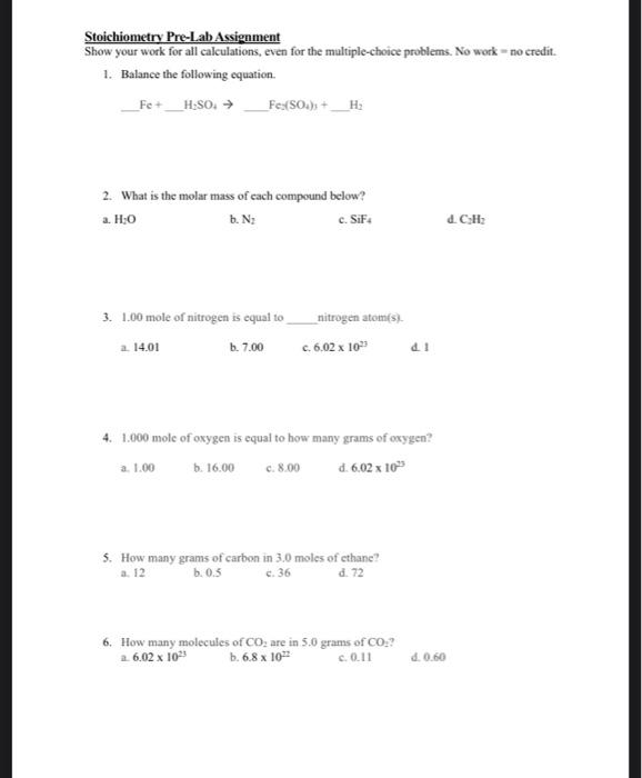 Solved Stoichiometry Pre-Lab Assignment Show Your Work For | Chegg.com