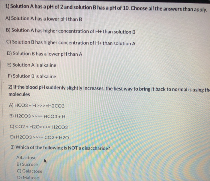 Solved 1) Solution A Has A PH Of 2 And Solution B Has A PH | Chegg.com