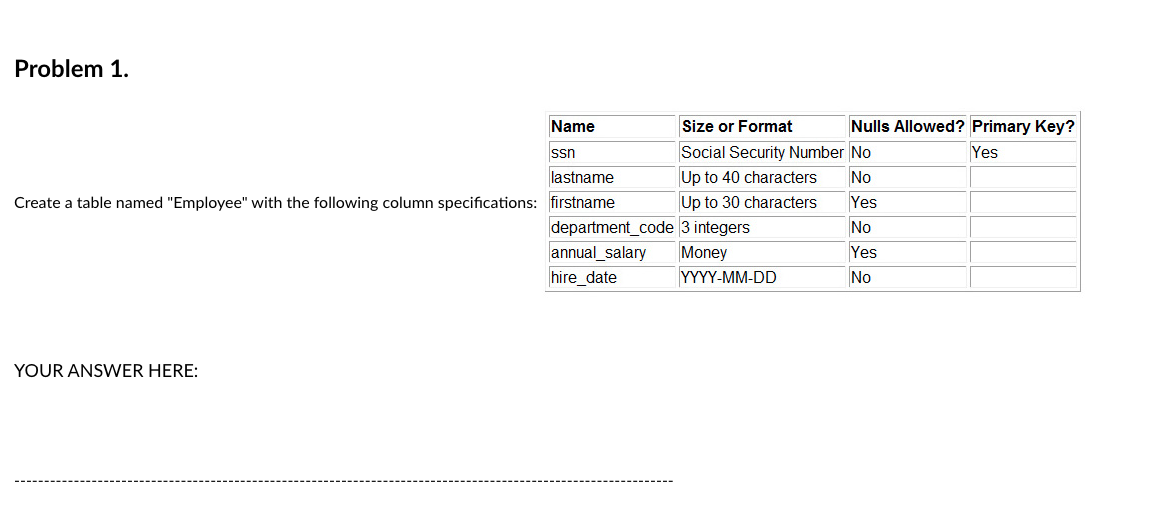 Solved Problem 1.Create a table named "Employee" with the | Chegg.com