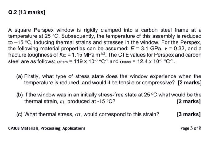 Solved Q.2 [13 marks] A square Perspex window is rigidly | Chegg.com