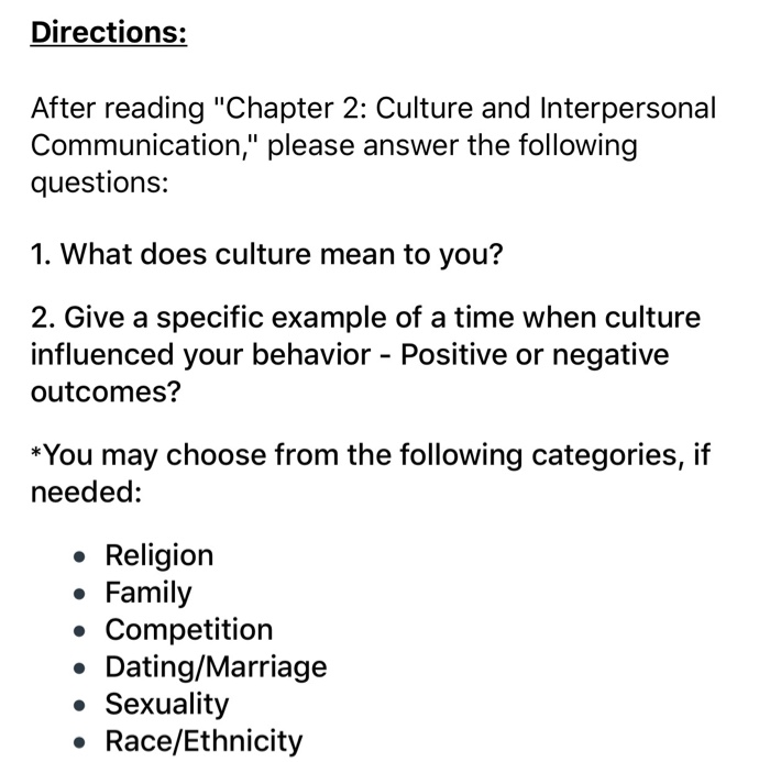 Solved Directions: After reading "Chapter 2: Culture and | Chegg.com