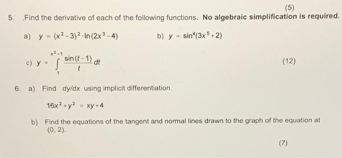 Solved (5) 5. Find the derivative of each of the following | Chegg.com