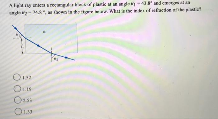 Solved A light ray enters a rectangular block of plastic at | Chegg.com