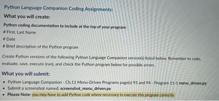 Python Language Companion Coding Assignments: What | Chegg.com