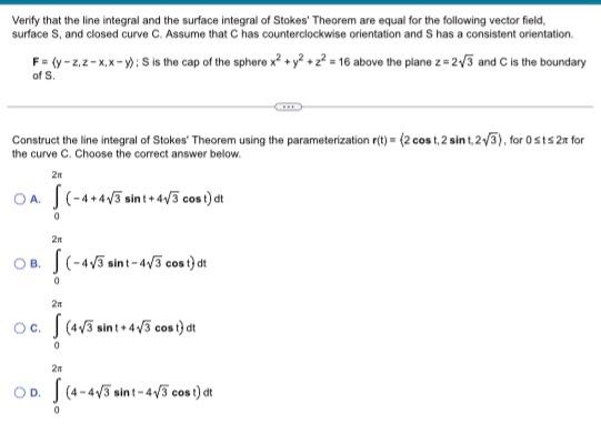 Solved Verify that the line integral and the surface | Chegg.com