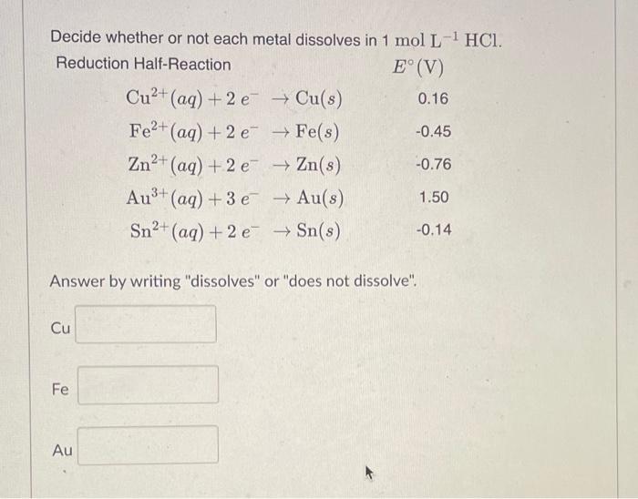 Solved Decide Whether Or Not Each Metal Dissolves In Mol Chegg Com