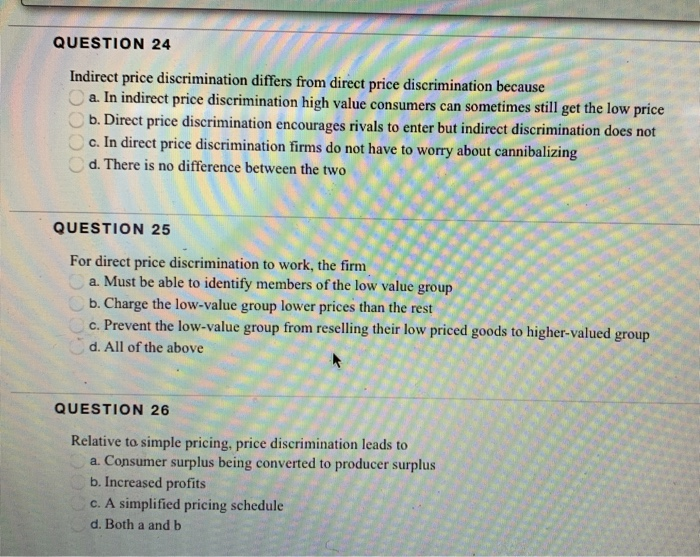 Solved QUESTION 24 Indirect Price Discrimination Differs | Chegg.com