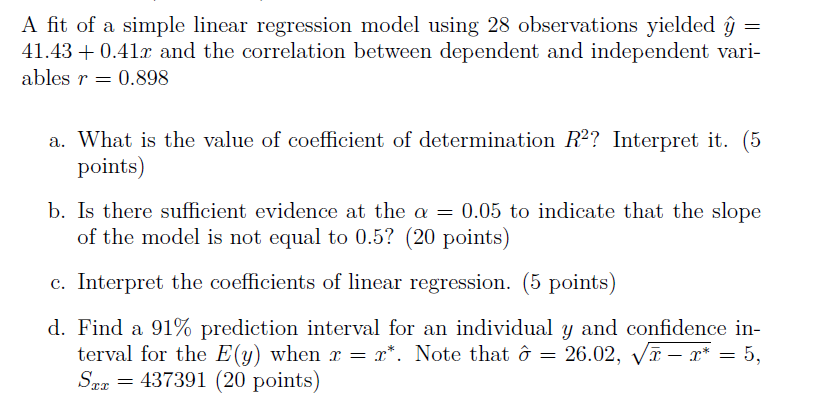 Solved A fit of a simple linear regression model using 28 | Chegg.com