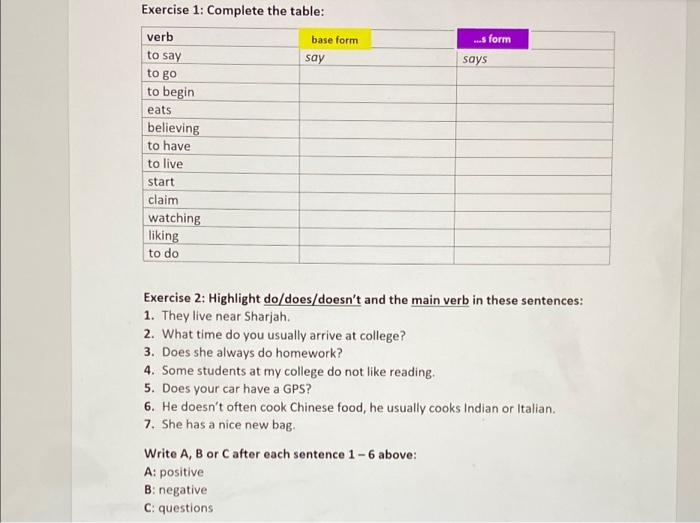 complete the sentences with words from the table in exercise 2