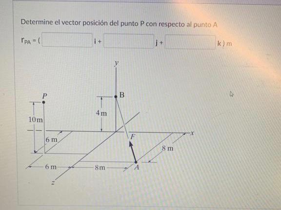 Determine el vector posición del punto \( \mathrm{P} \) con respecto al punto \( \mathrm{A} \) \[ r_{P A}=1 \]