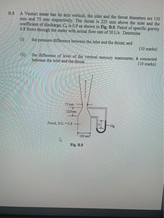 Solved B.8 A Venturi meter has its axis vertical, the inlet | Chegg.com