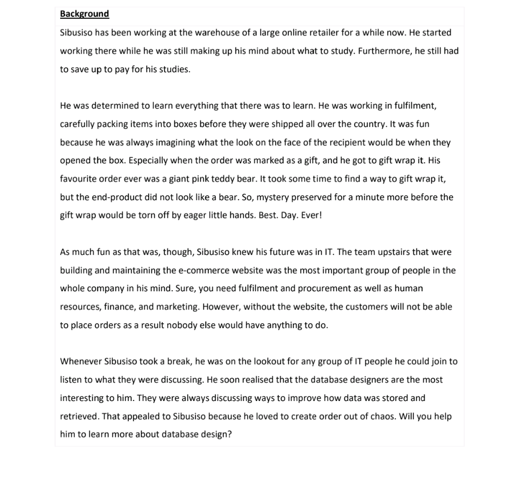 Background
Sibusiso has been working at the warehouse of a large online retailer for a while now. He started working there wh