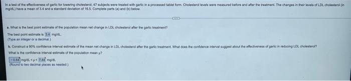 Solved tha test of the effectiveness of garlic for lowering | Chegg.com