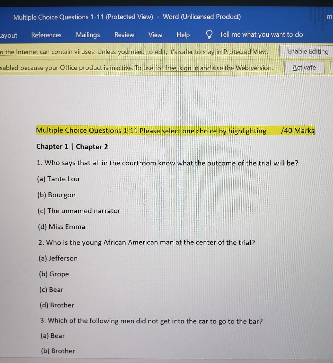 Multiple Choice Questions 1-11 (Protected View) - | Chegg.com