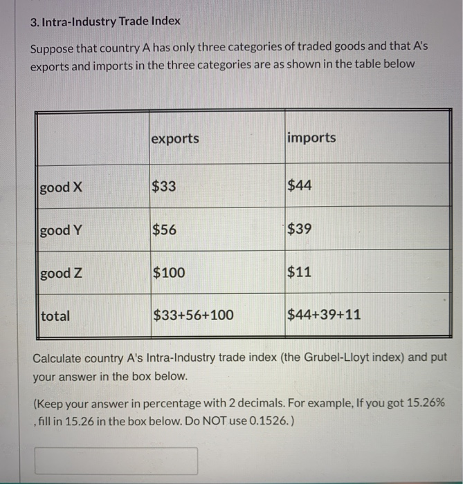 Solved 3. Intra-Industry Trade Index Suppose that country A | Chegg.com