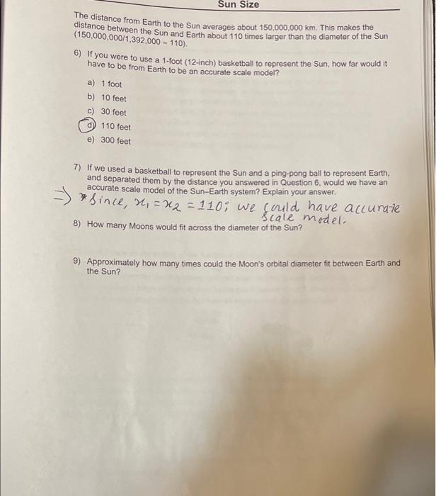 Solved Sun Size 3) To make a scale model of the EarthMoon