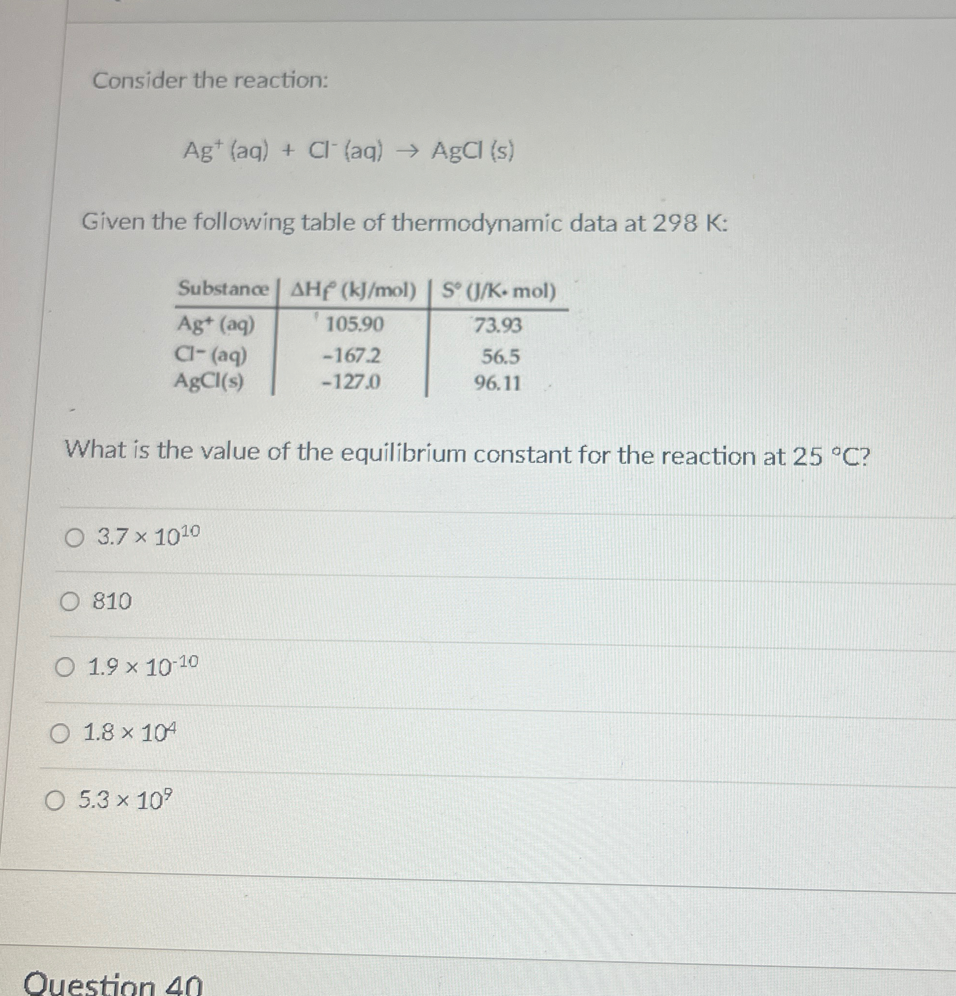 Solved Consider the reaction:Ag+(aq)+Cl-(aq)→AgCl(s)Given | Chegg.com