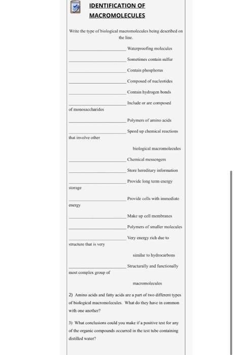 Solved IDENTIFICATION OF MACROMOLECULES Write the type of | Chegg.com