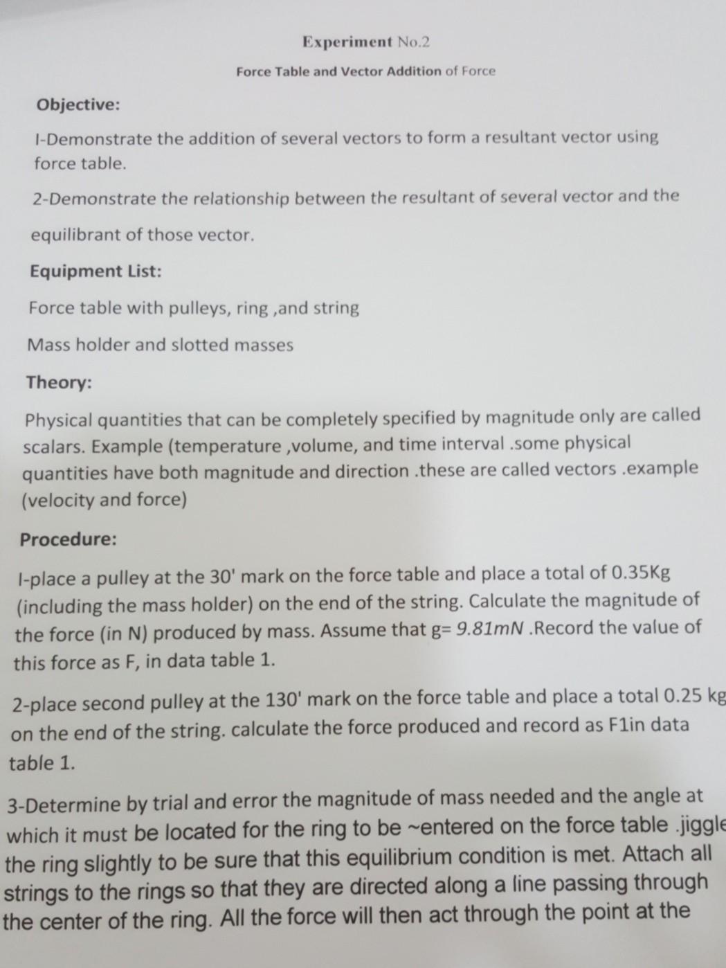 Solved Experiment No.2 Force Table and Vector Addition of | Chegg.com