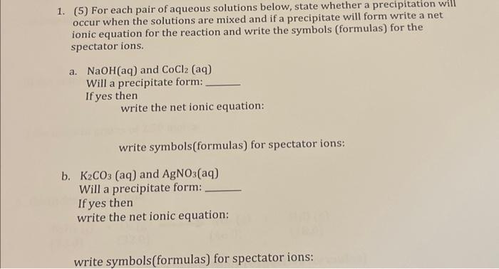 Solved 1. (5) For each pair of aqueous solutions below, | Chegg.com